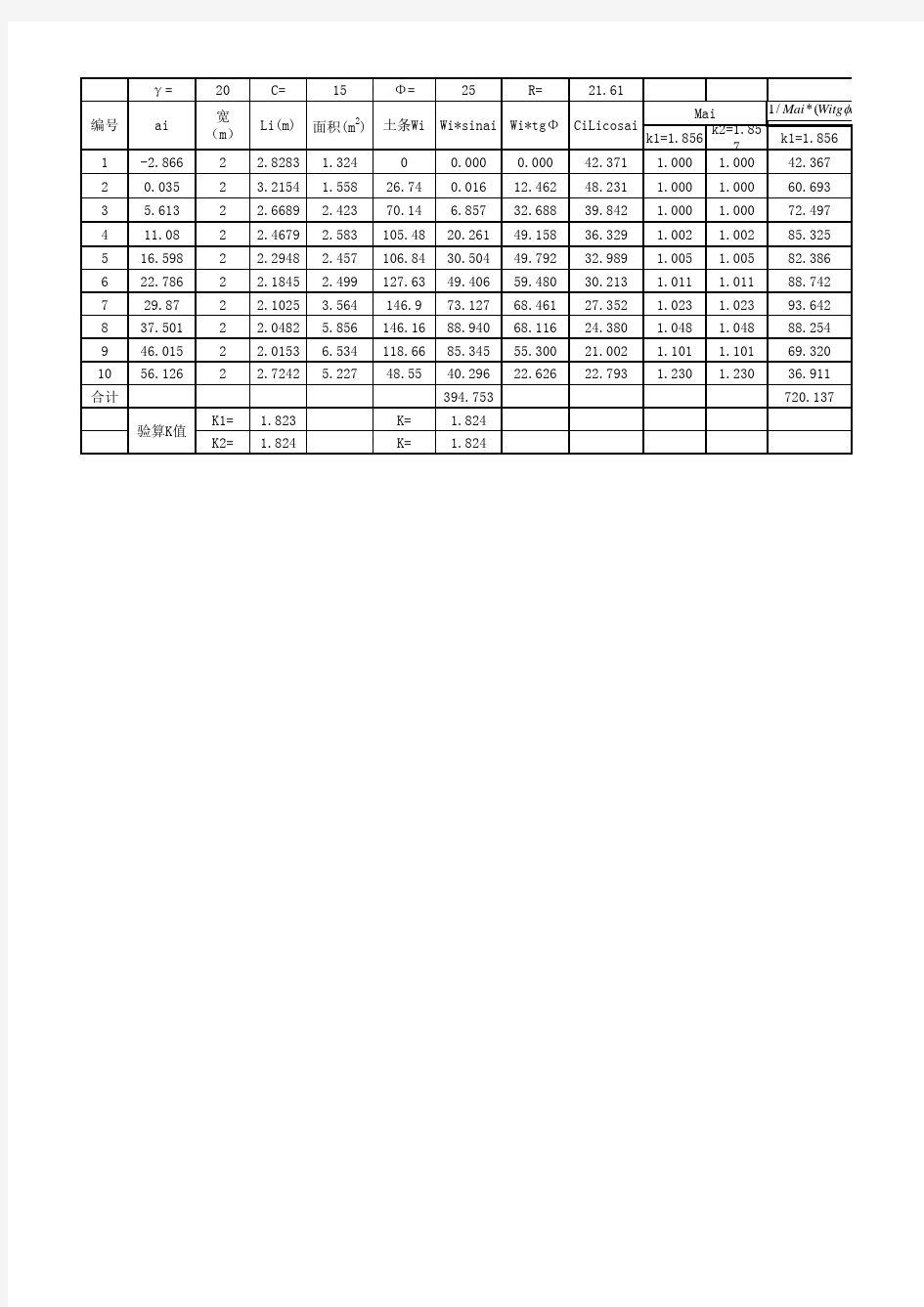 边坡稳定性分析计算表格Excel