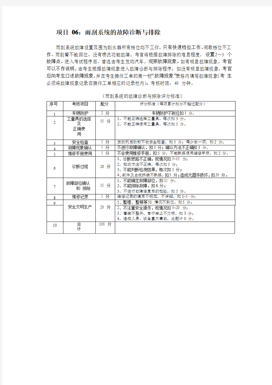 6雨刮系统的故障诊断与排除评分标准