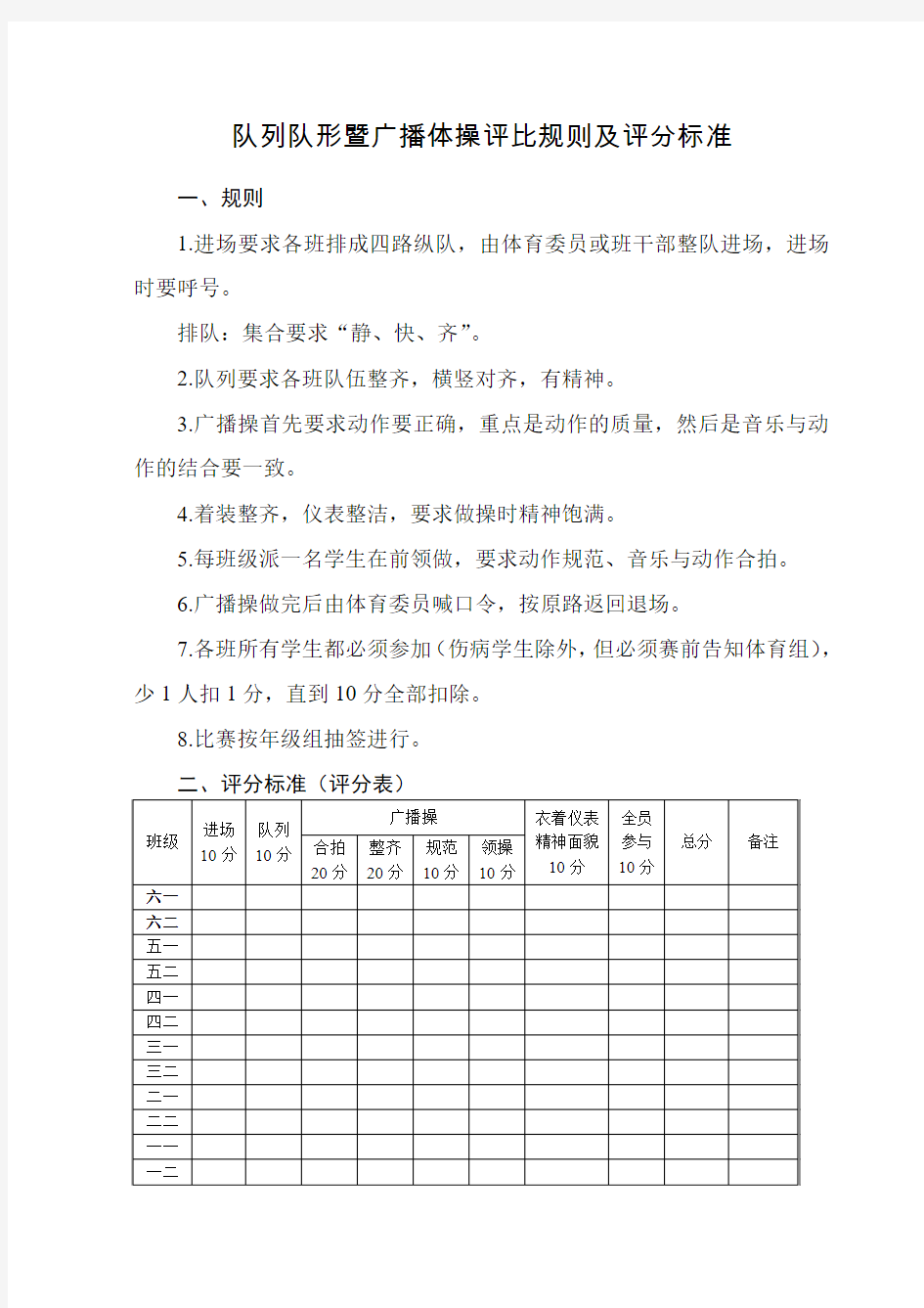 队列队形暨广播体操评比规则及评分标准