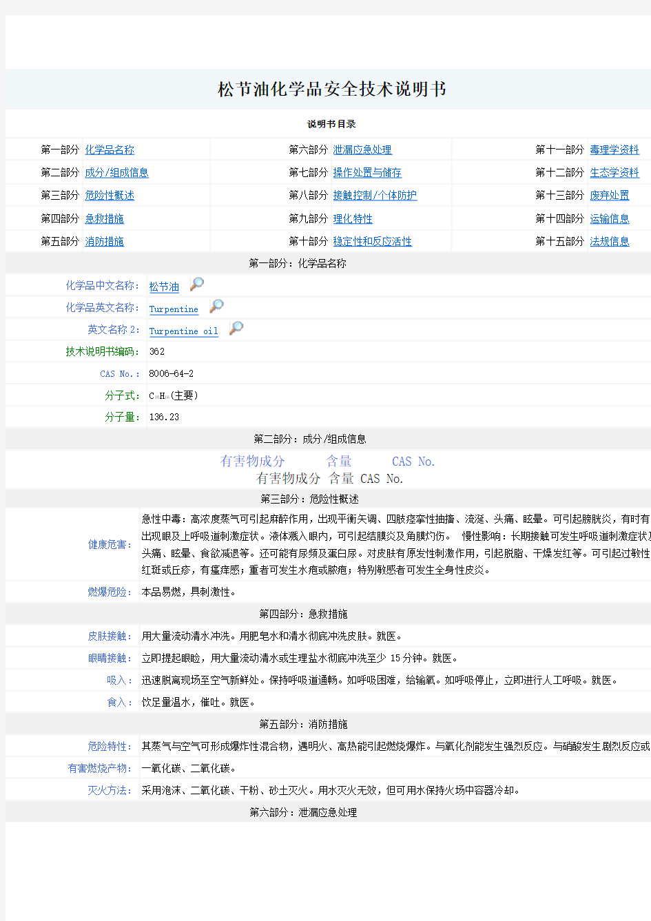 松节油化学品安全技术说明书