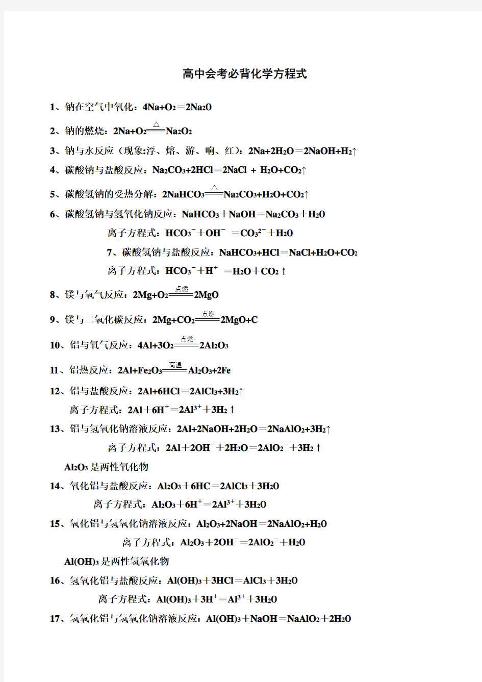 高中会考必背化学方程式