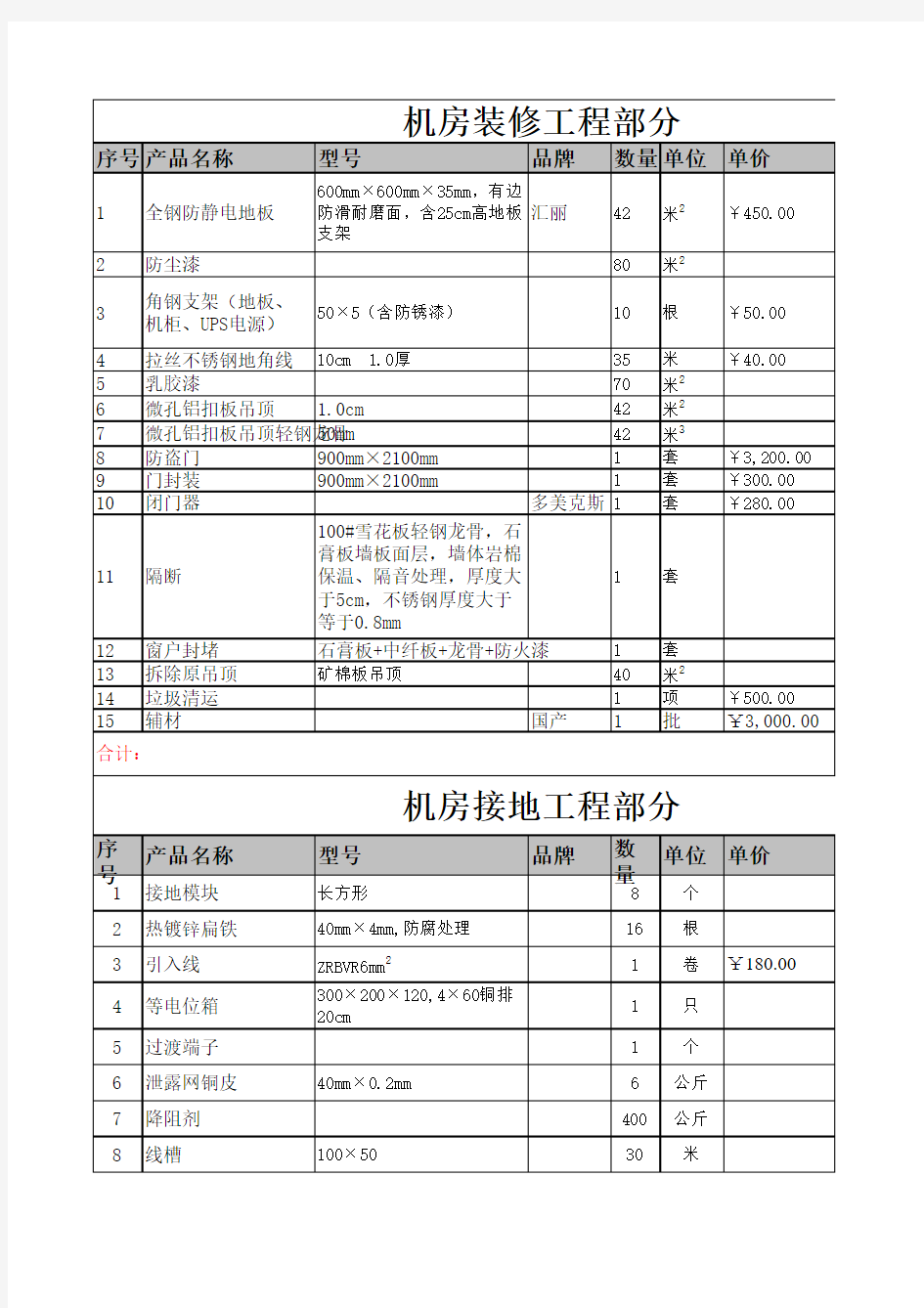 机房装修报价单新