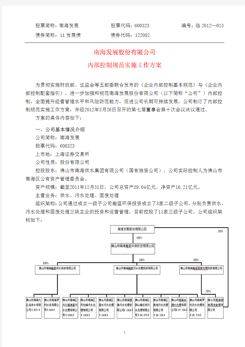 内部控制规范实施工作方案