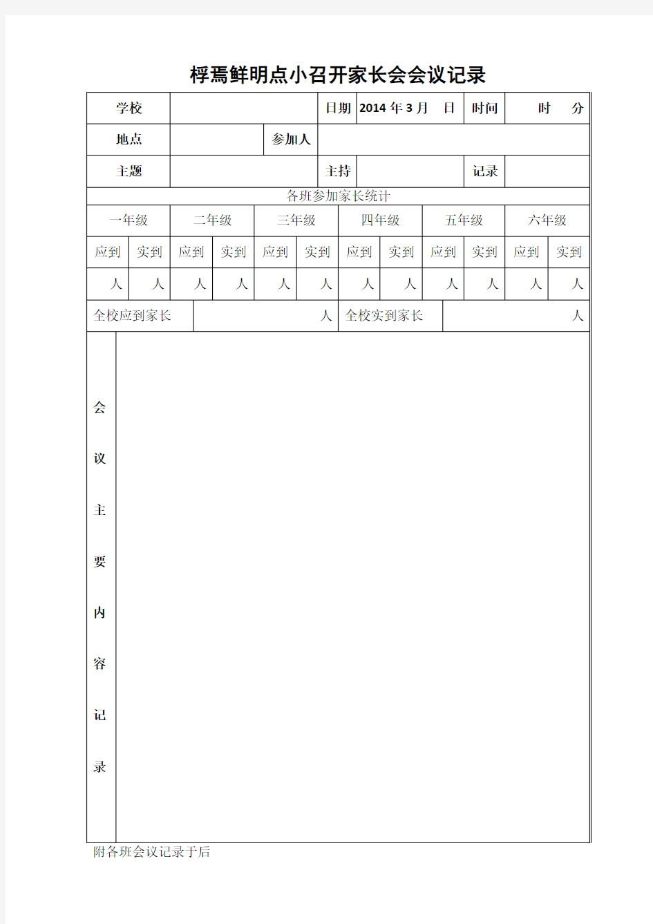 学校召开家长会会议记录表