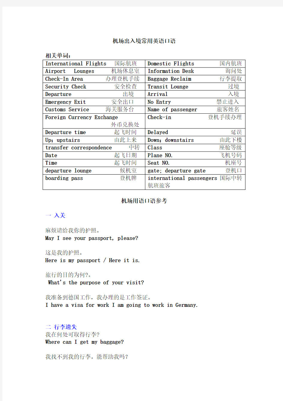 机场出入境常用英语口语(主要用于中转)