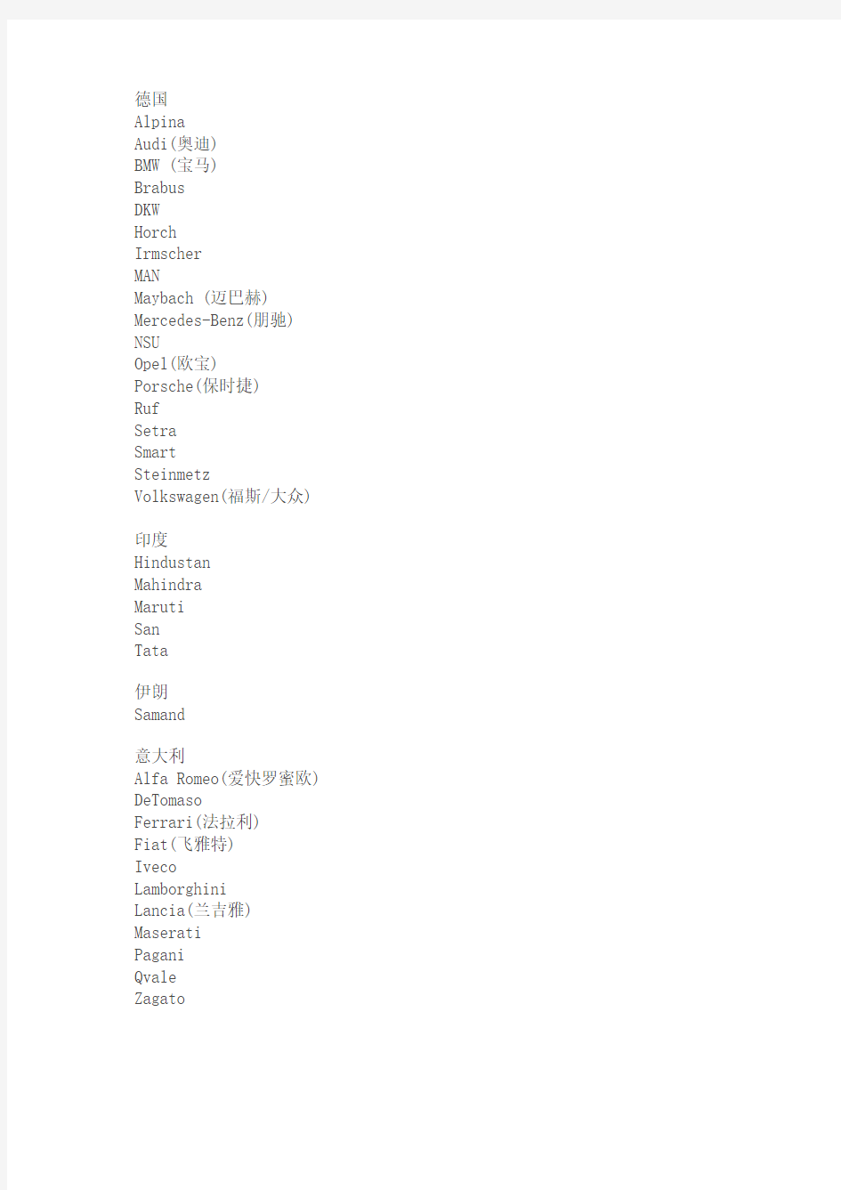 世界汽车品牌中英文对照