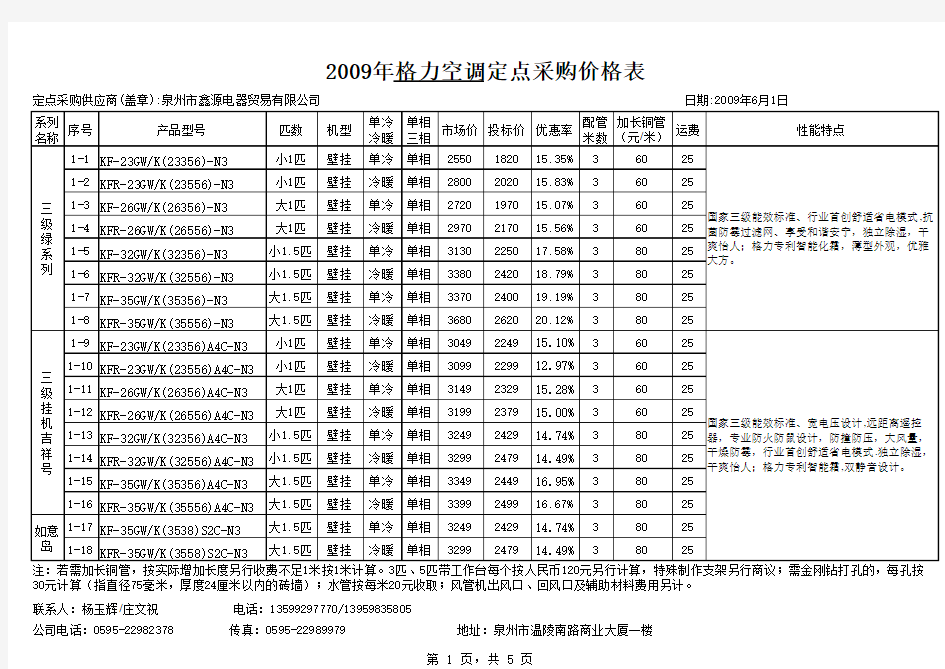 格力家用空调价格表