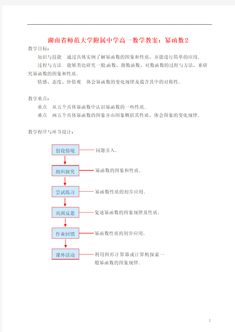 湖南省师范大学附属中学高一数学 幂函数2教案