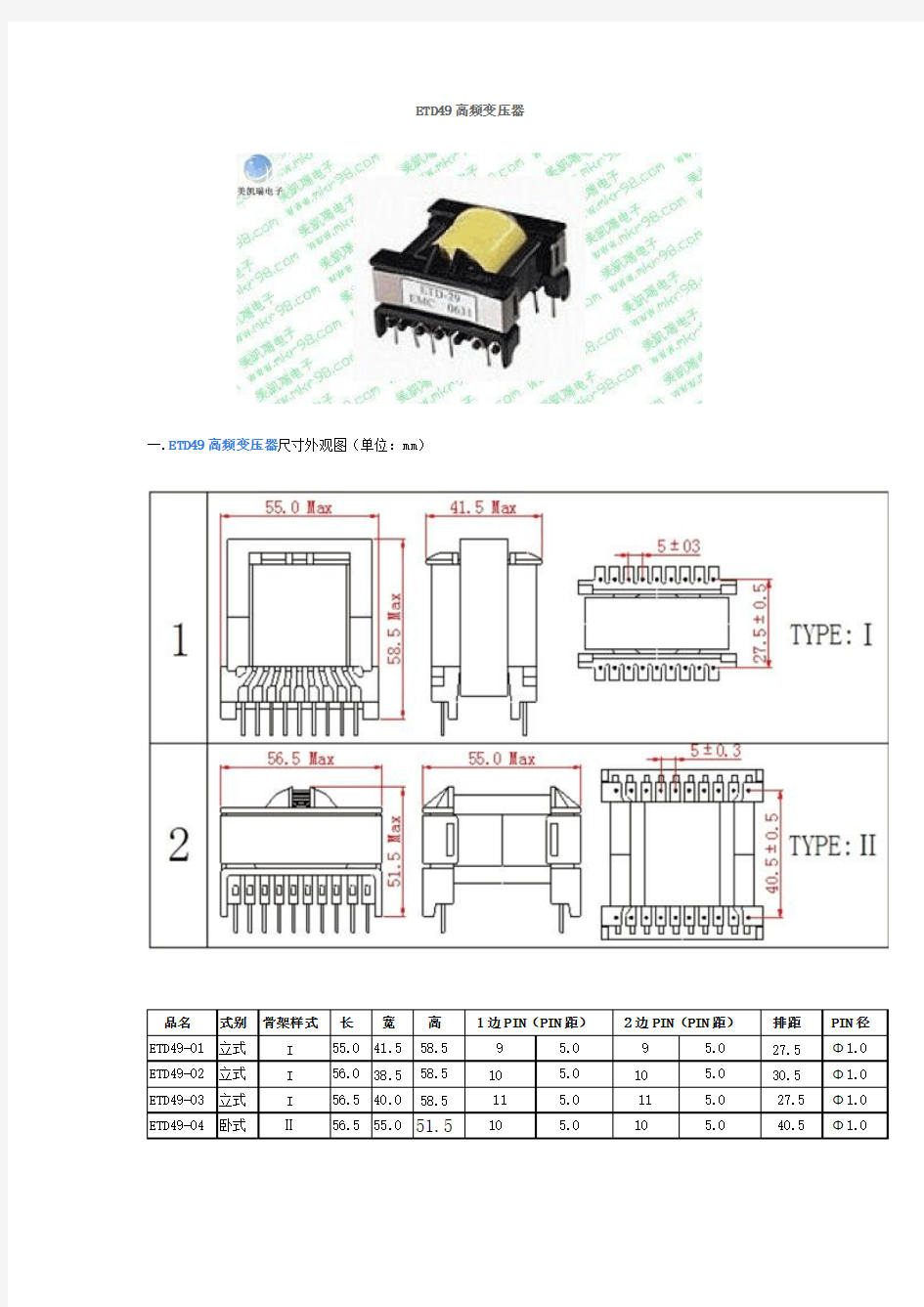 ETD49高频变压器