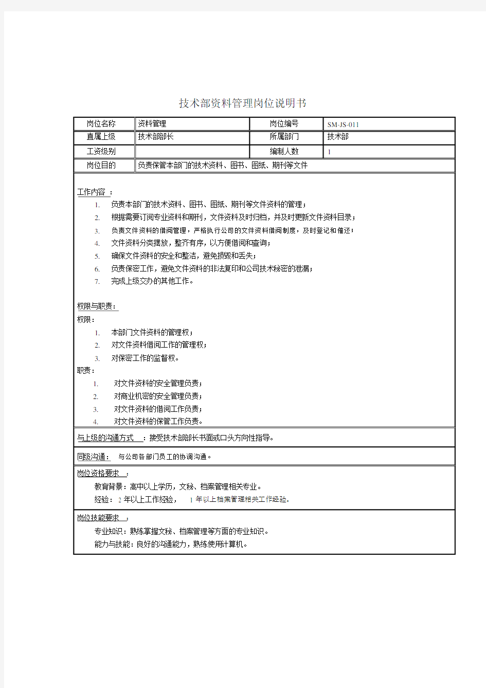 岗位职责技术部资料管理岗位职责.docx