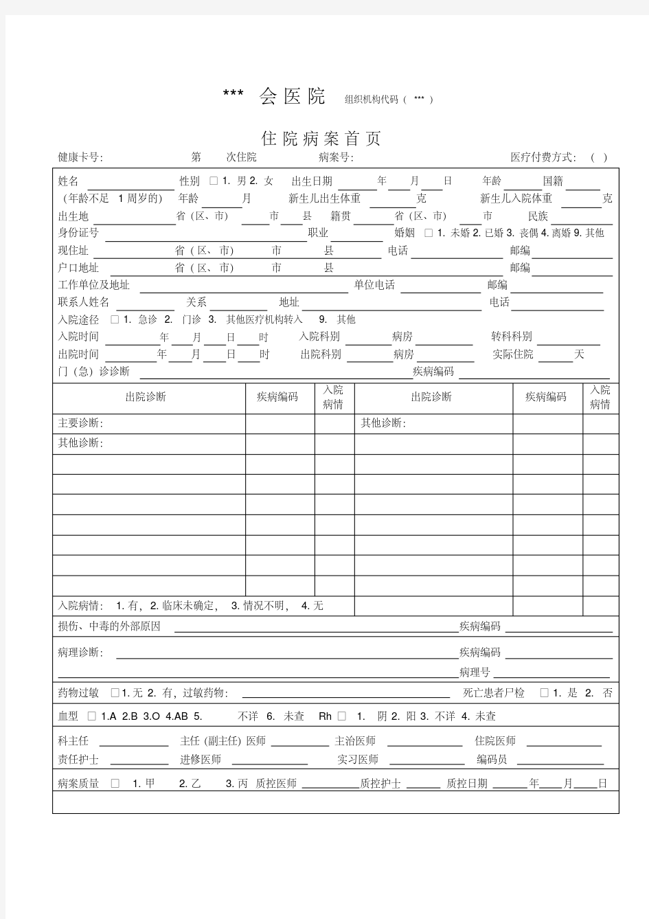 2016版医院住院病案首页