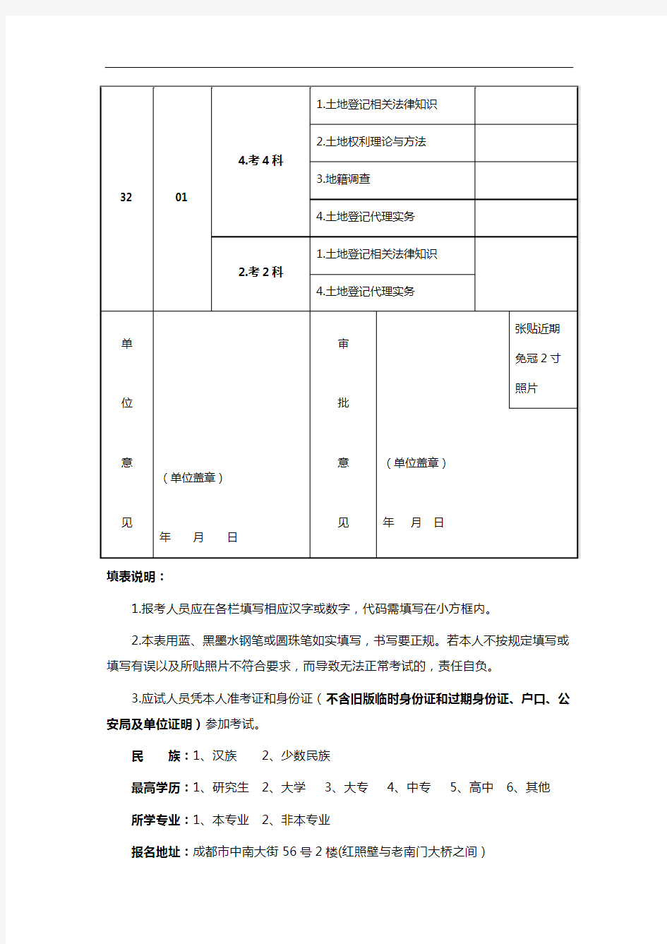 全国土地登记代理人职业资格考试报名表