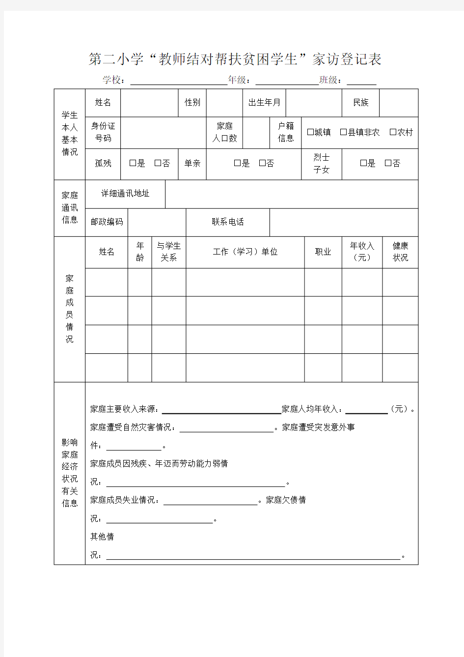 第二小学”教师结对帮扶贫困学生“家访登记表