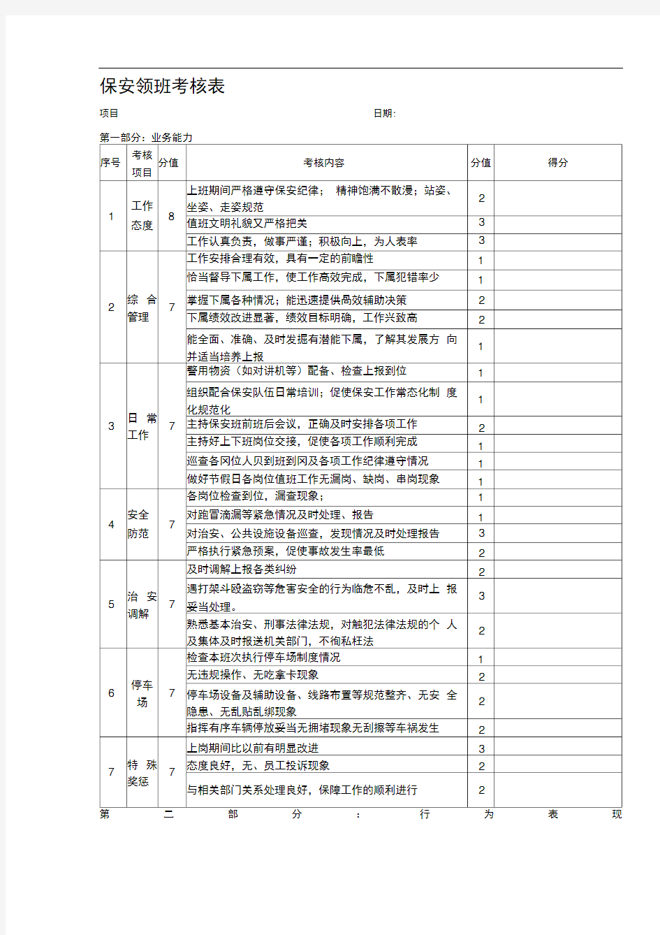 保安领班考核表.