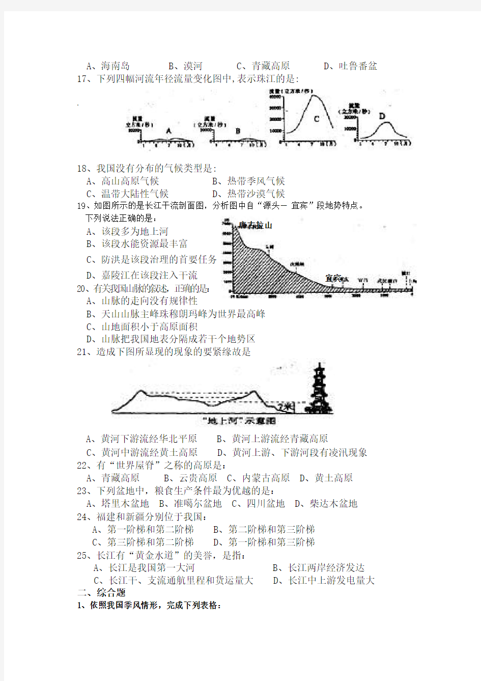 中国的自然环境测试