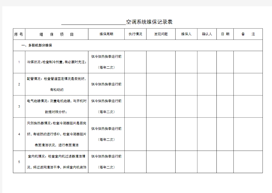 空调系统维保记录簿表