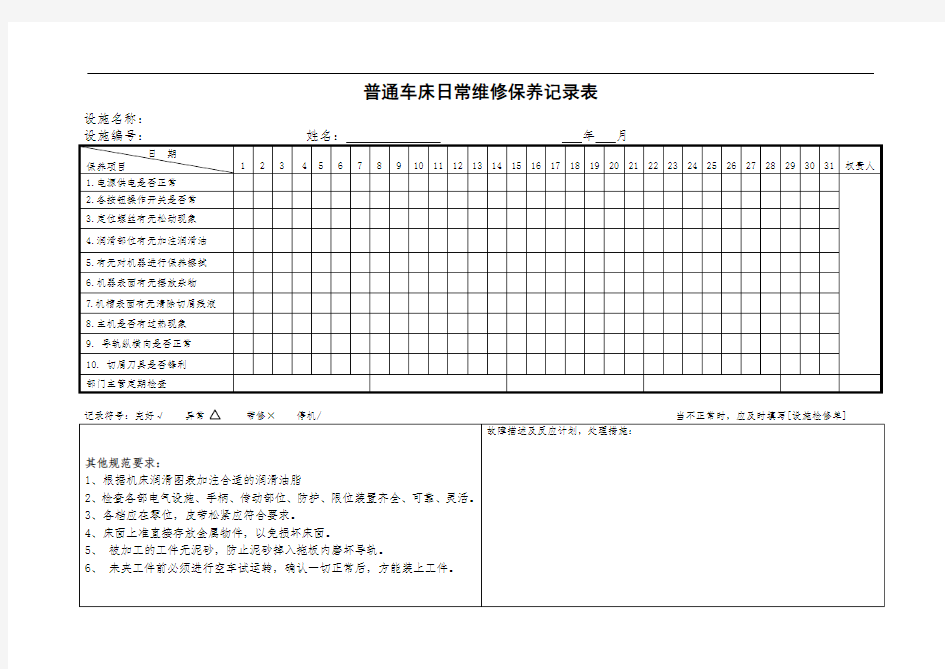 普通车床日常保养记录表