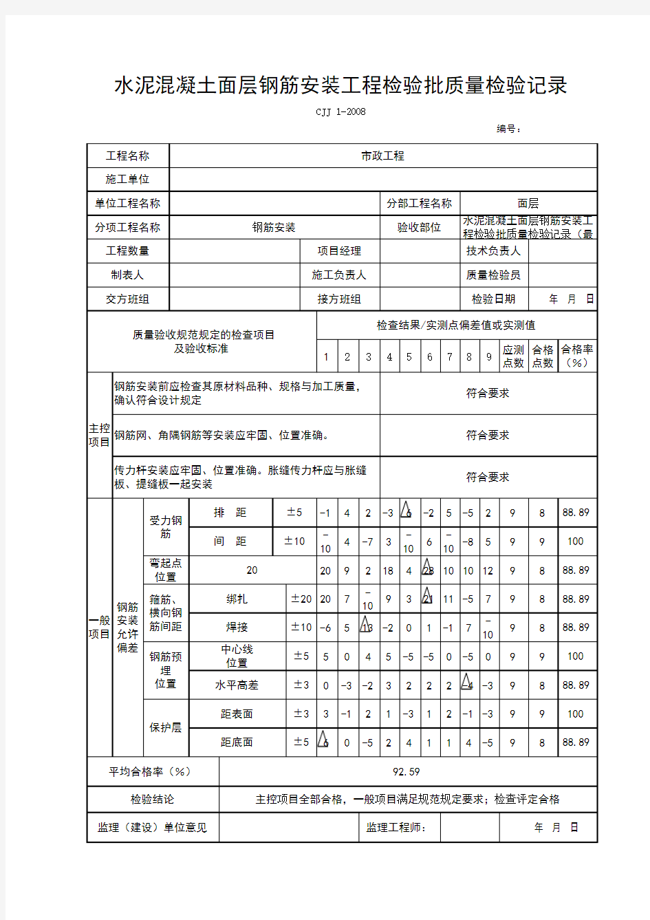 水泥混凝土面层钢筋安装工程检验批质量检验记录(最新版)