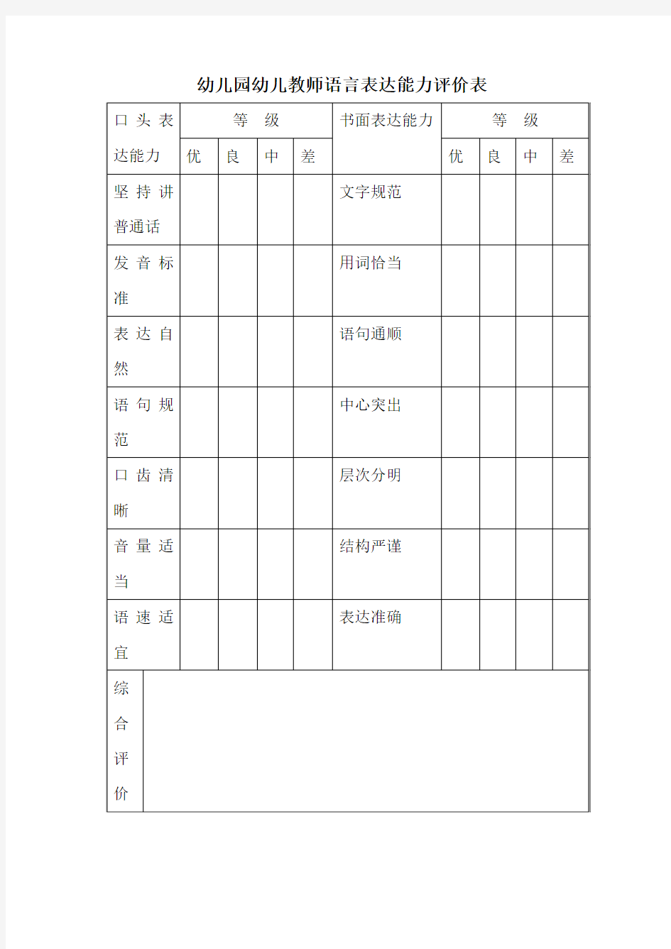 幼儿园幼儿教师语言表达能力评价表