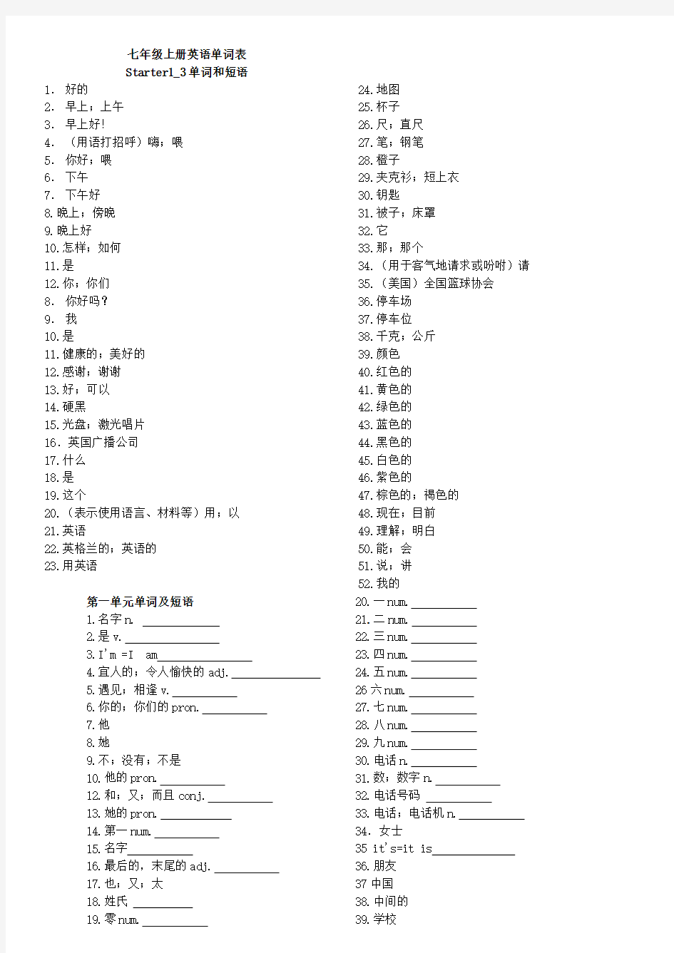 新目标英语七年级上册单词默写表