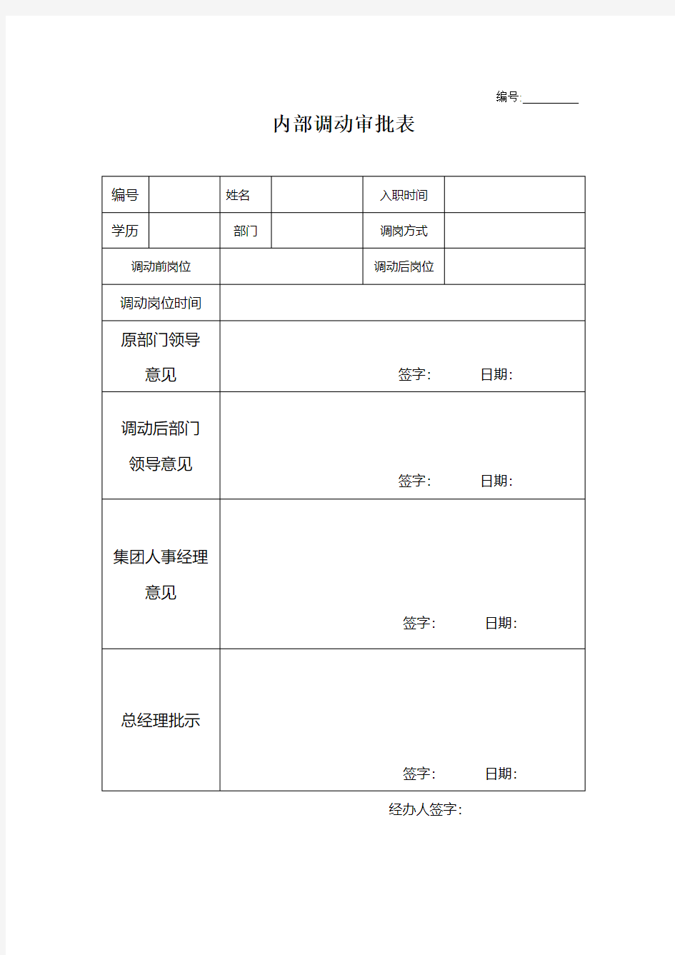 内部调动审批表