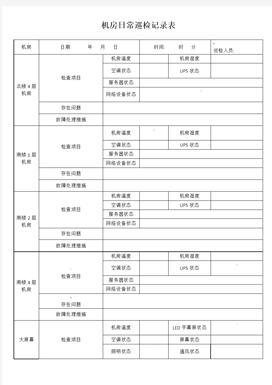 机房日常巡检记录表