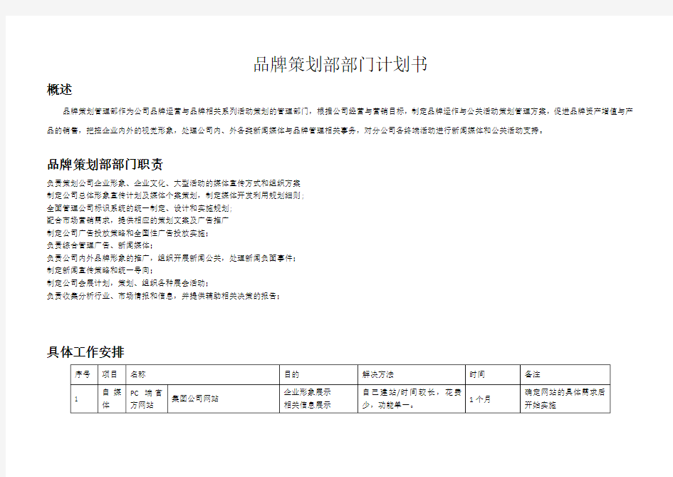 品牌策划部部门计划书