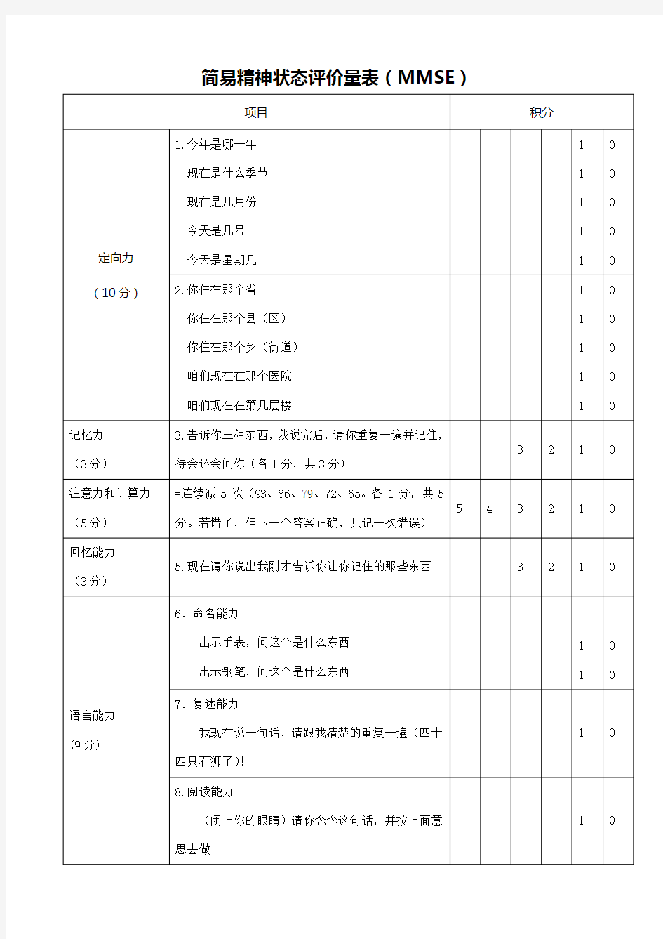 简易精神状态评价量表[MMSE量表]