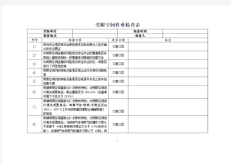 受限空间作业检查表3.15