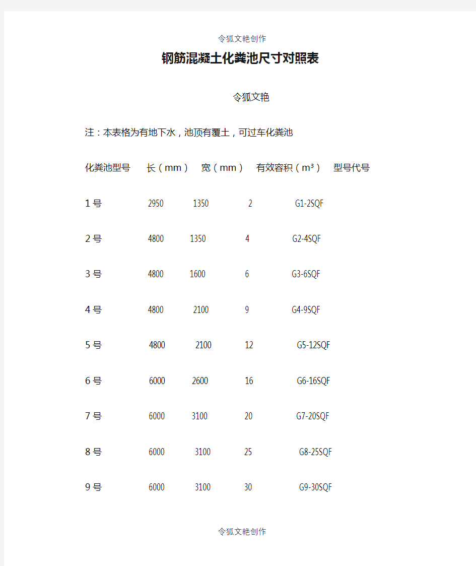 钢筋混凝土化粪池尺寸对照表之令狐文艳创作