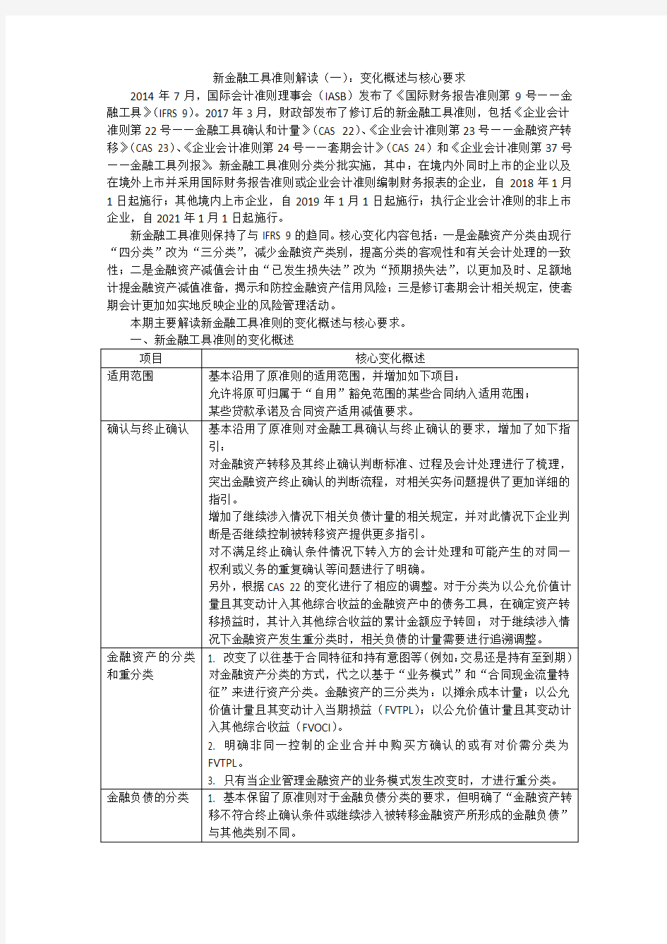 新金融工具准则解读(一)：变化概述与核心要求