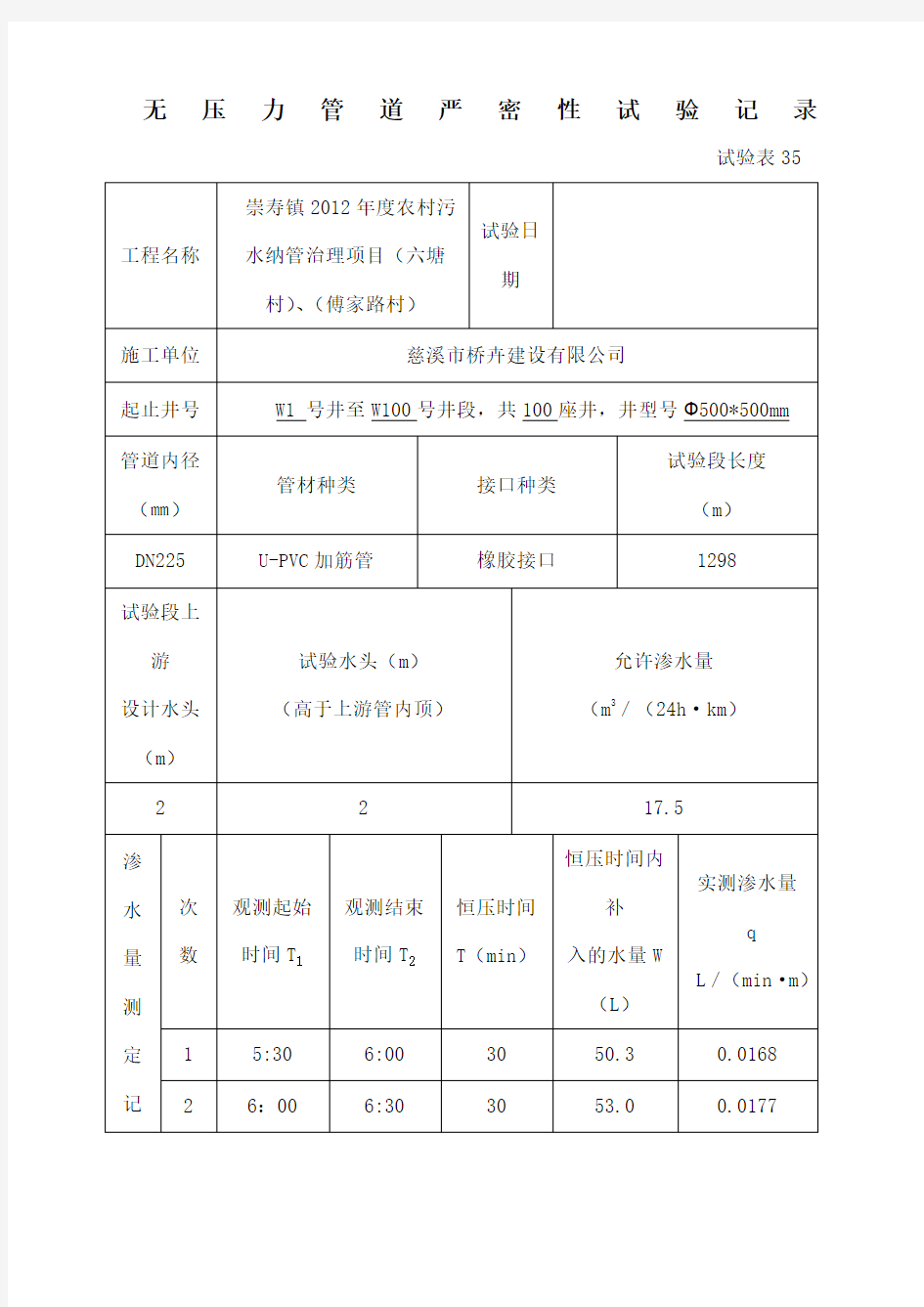 无压力管道严密性试验记录 