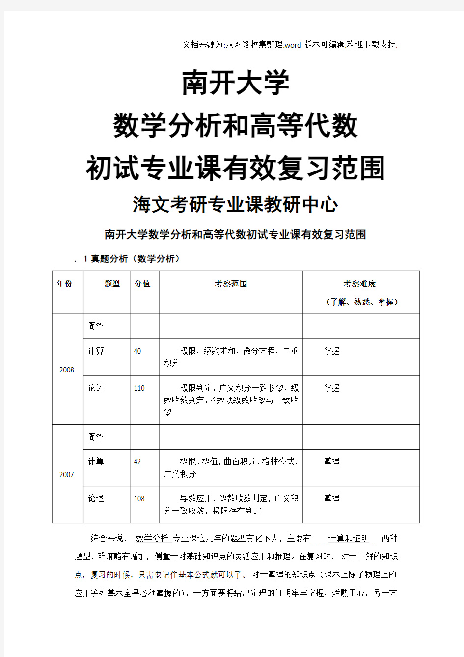 南开大学数学分析和高等代数初试专业课有效复习范围