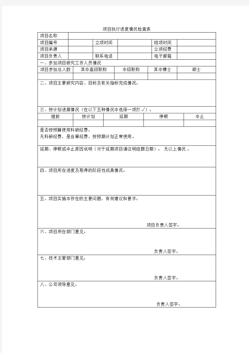 项目执行进度情况检查表