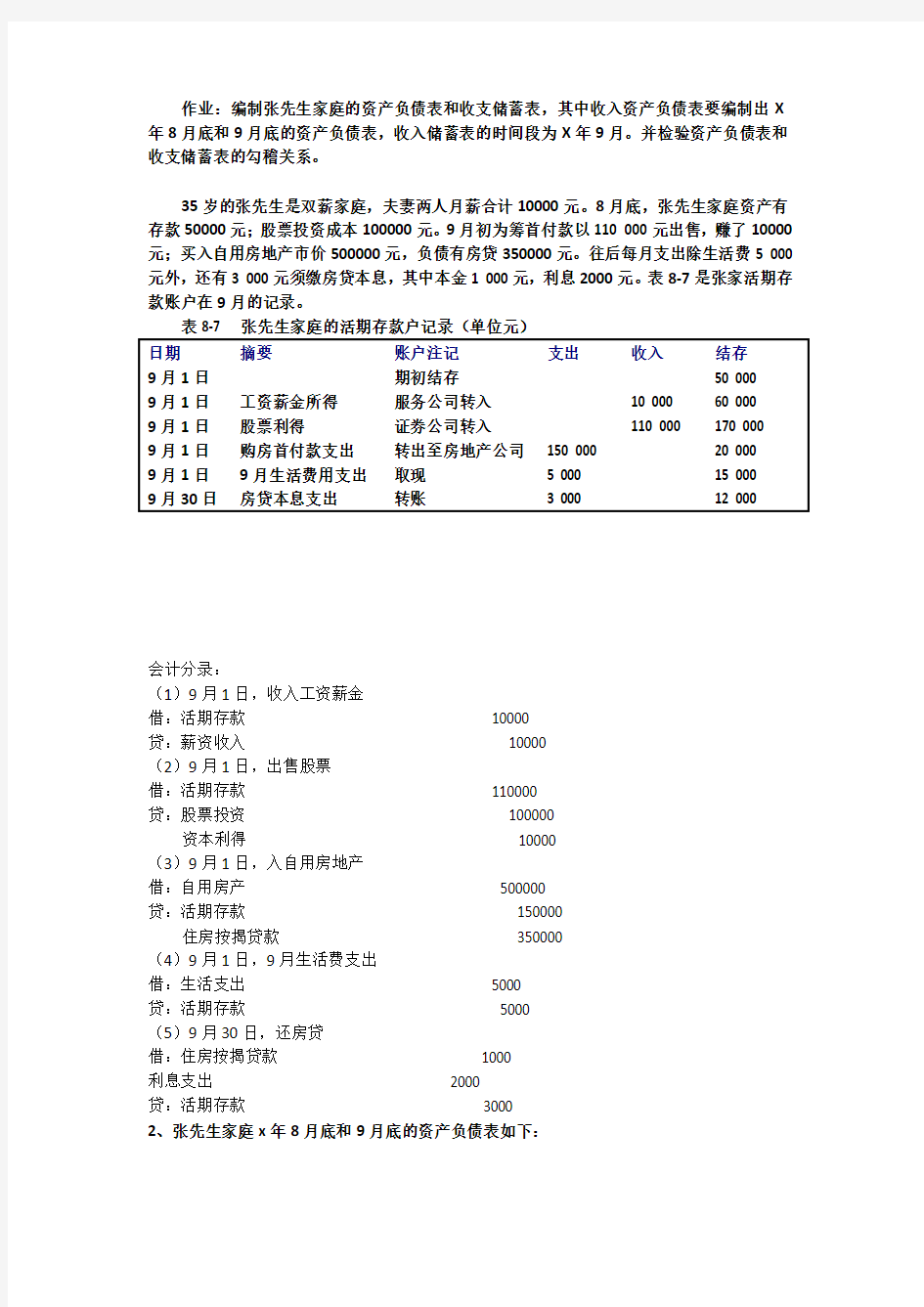 张先生家庭的资产负债表和收支储蓄表