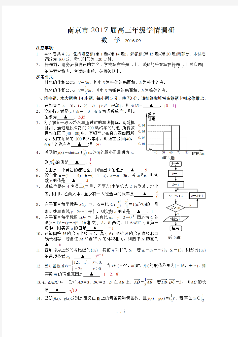 南京市2017届高三年级学情调研