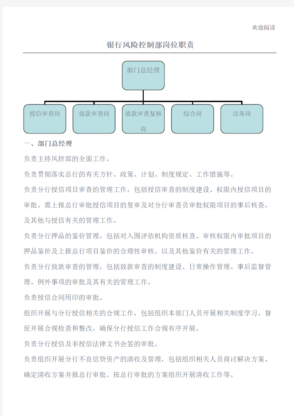 银行风险控制部岗位职责