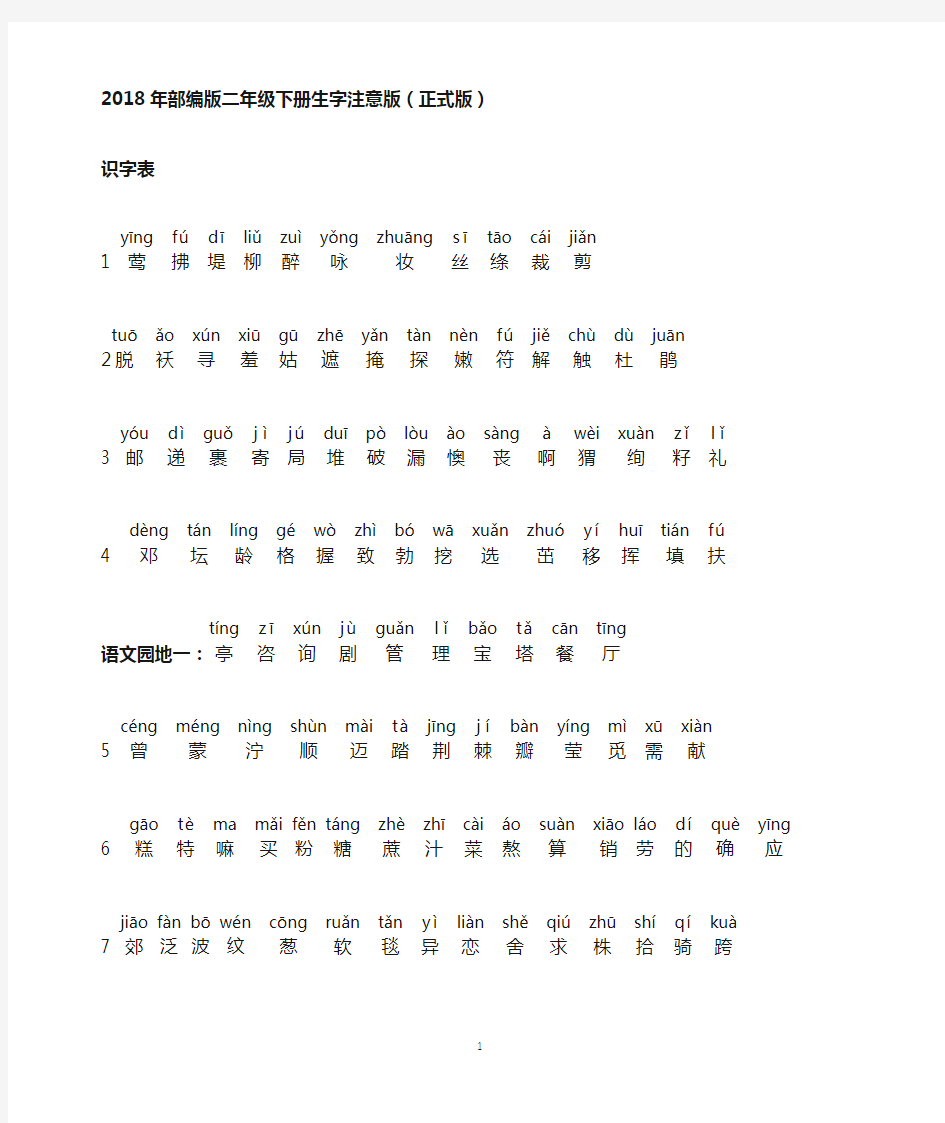 2018部编版二年级语文下册生字总汇(所有均注音正式版)