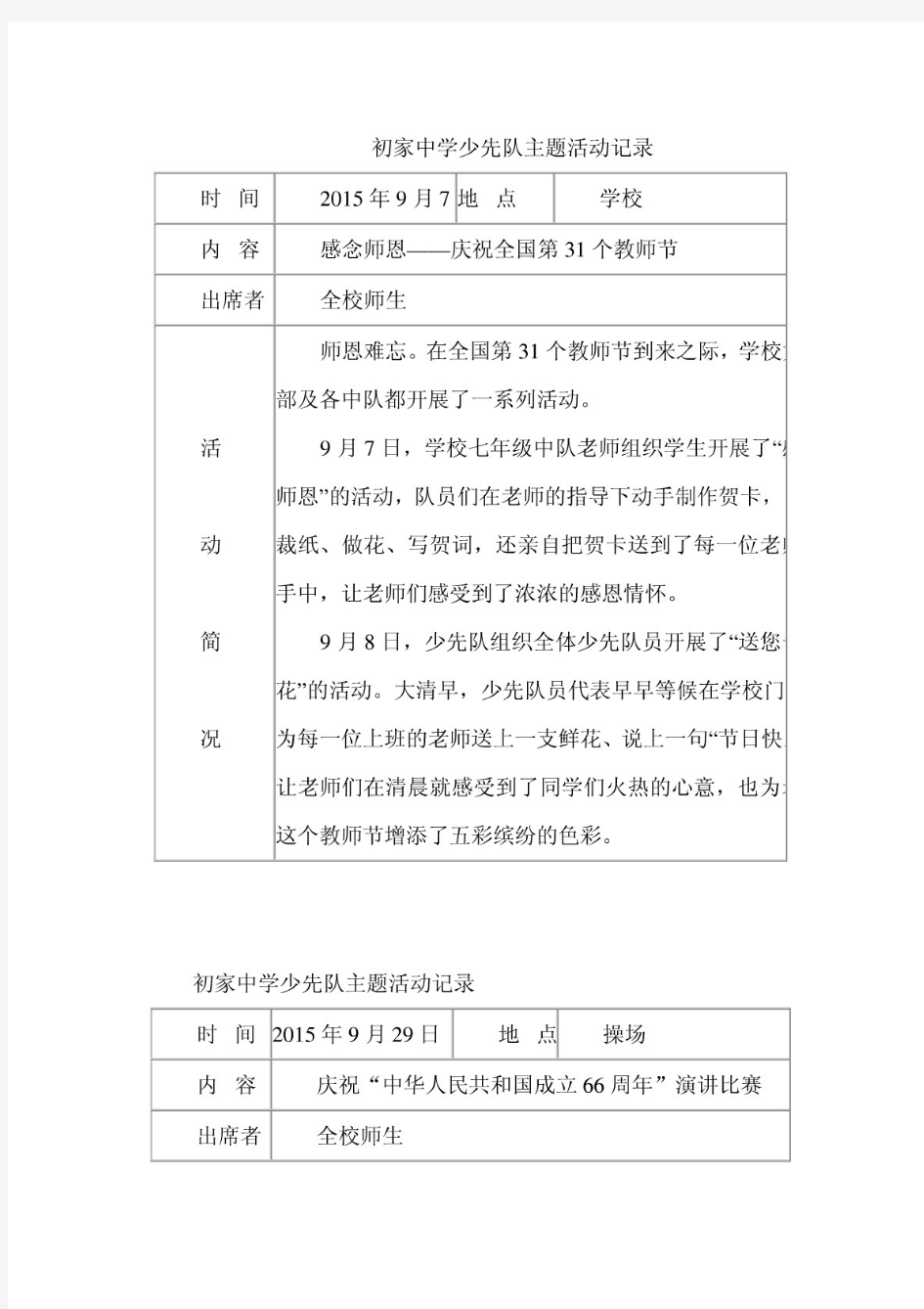 初级中学少先队主题活动记录