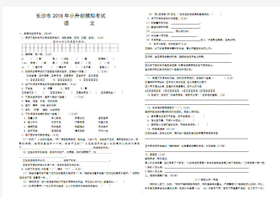 长沙市2018年小升初模拟考试语文试卷(含答案) (3)