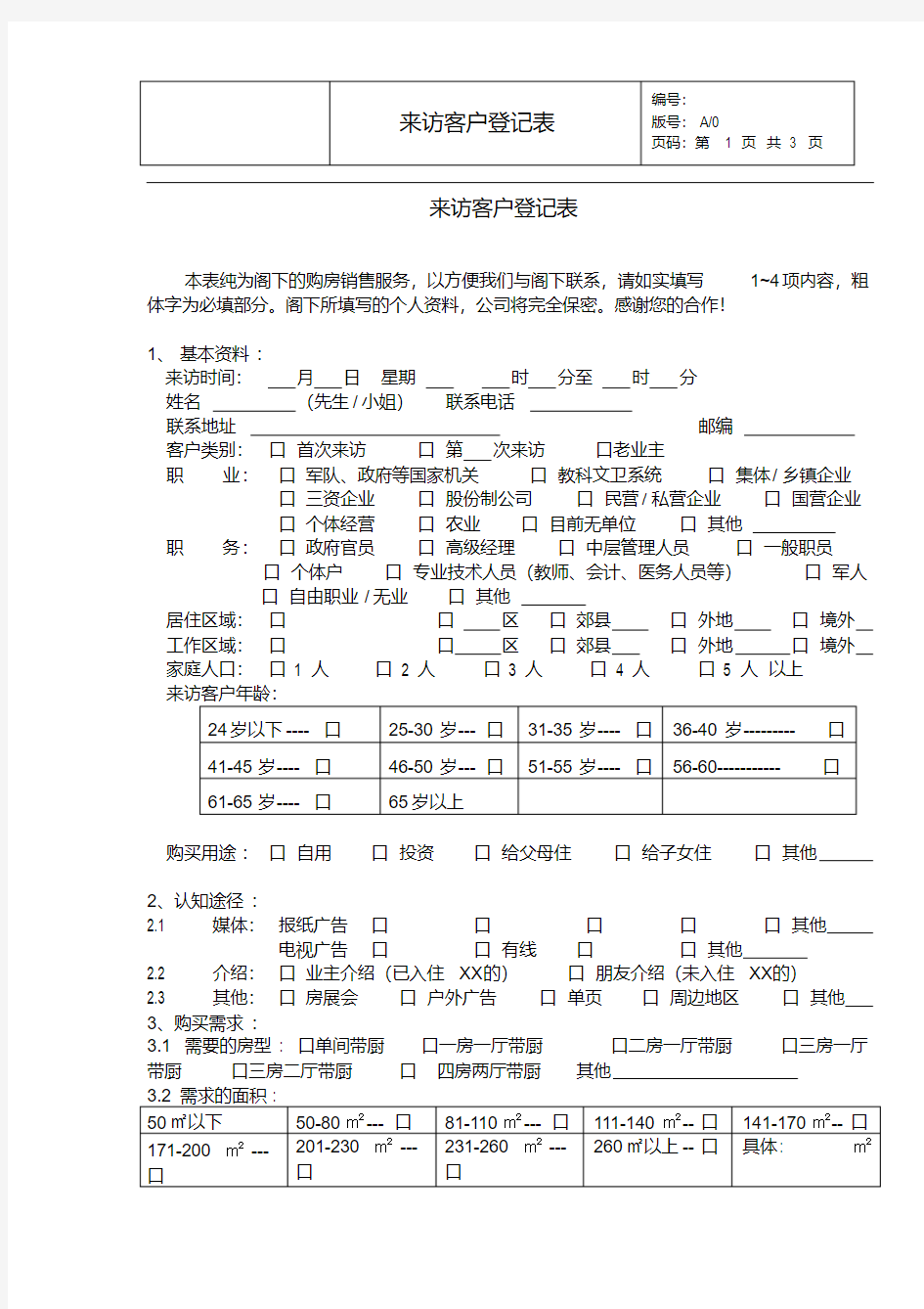 【经典】房地产集团公司来访客户登记表