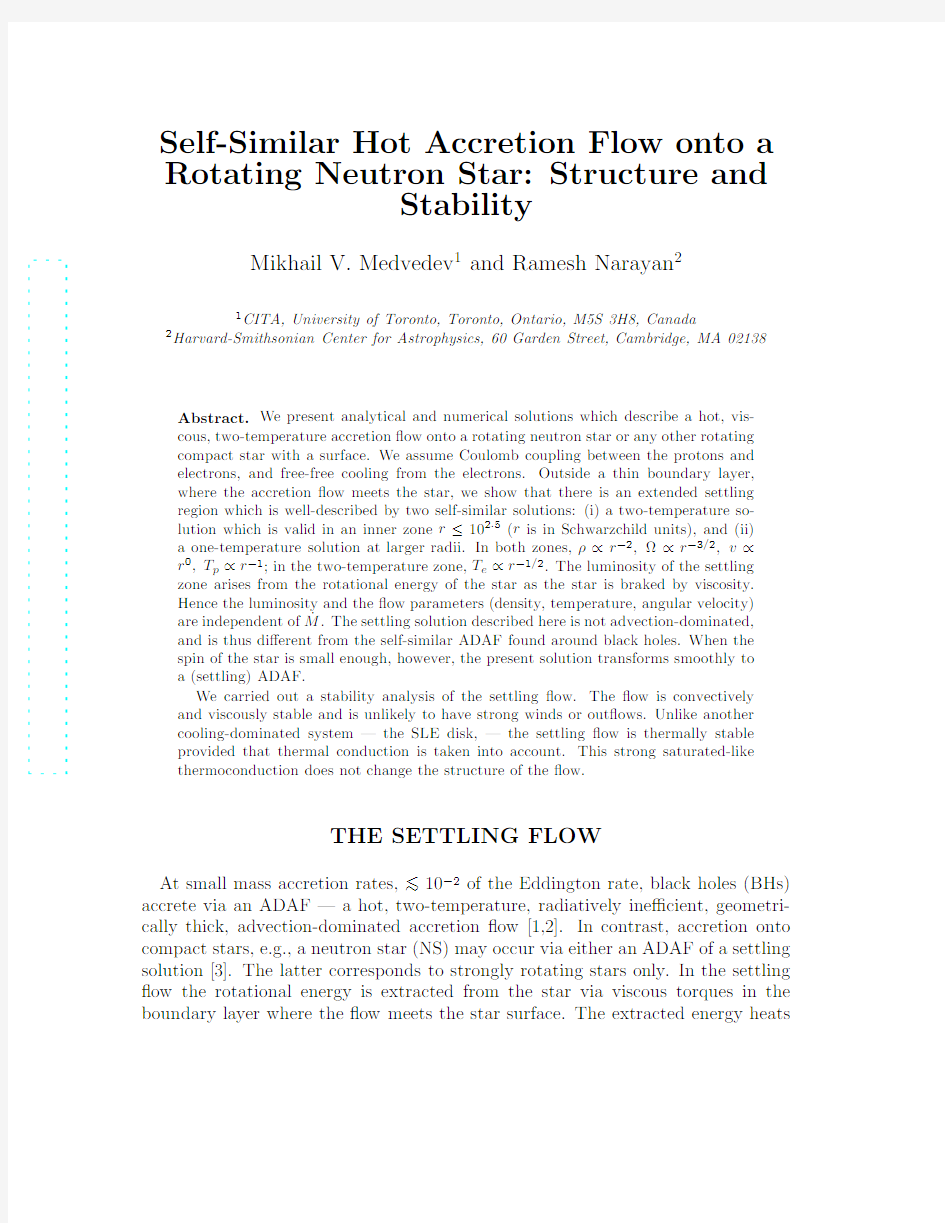 Self-Similar Hot Accretion Flow onto a Rotating Neutron Star Structure and Stability