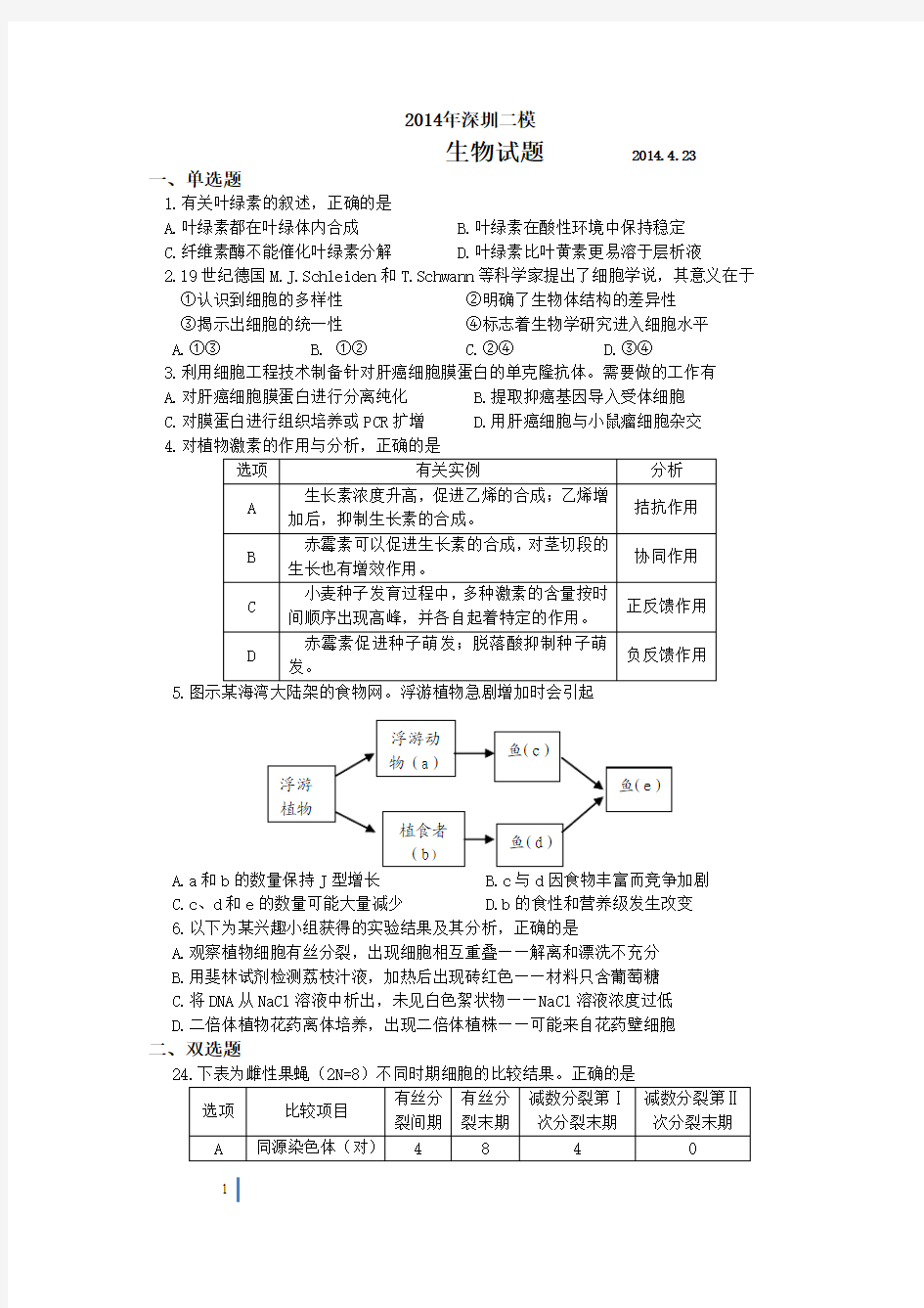 2014年深圳二模生物试题4月23日