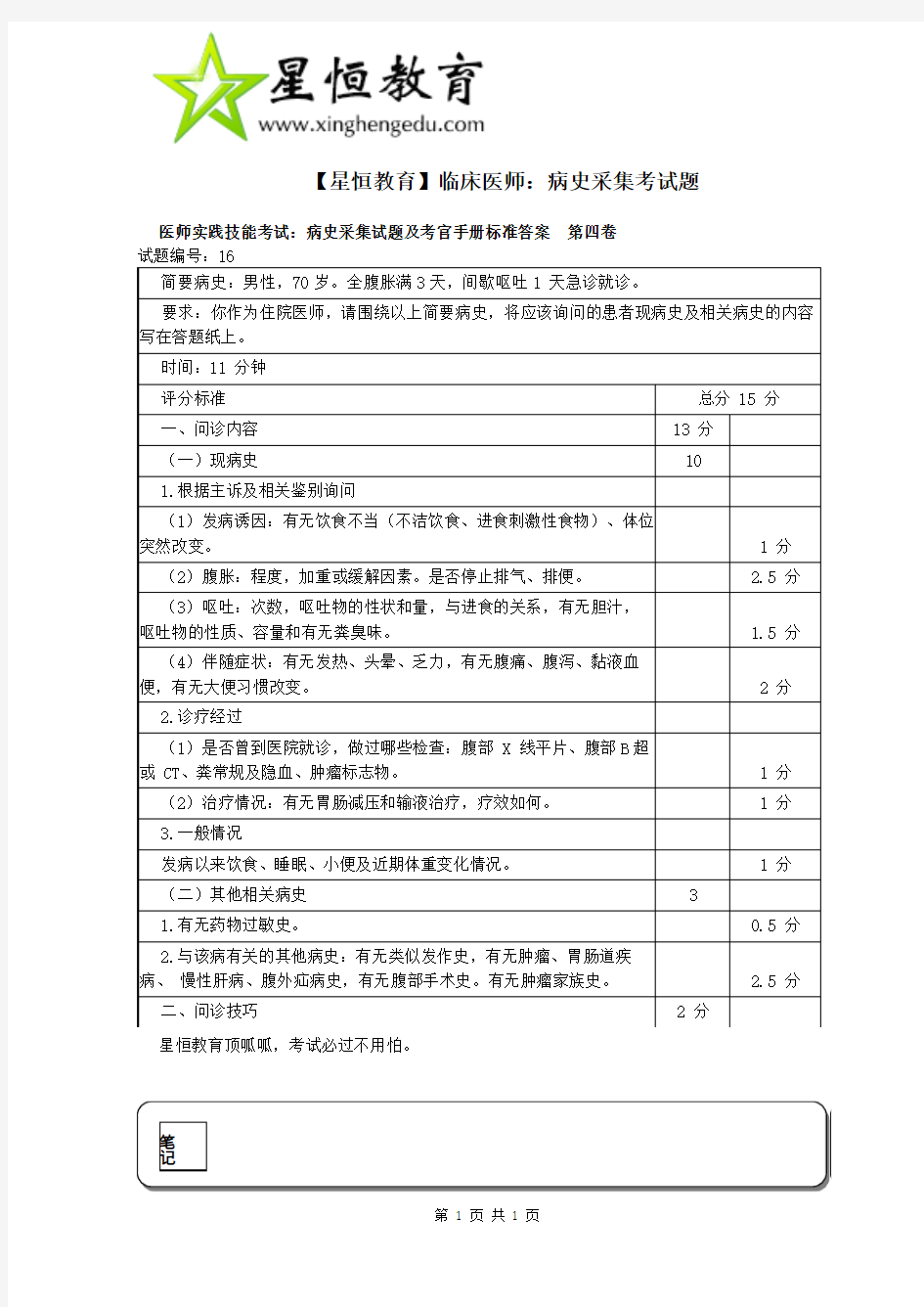 医师实践技能考试：病史采集试题及考官手册标准答案[第四卷]