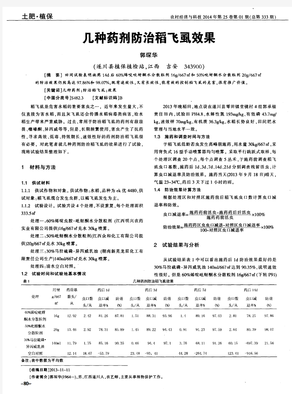 几种药剂防治稻飞虱效果