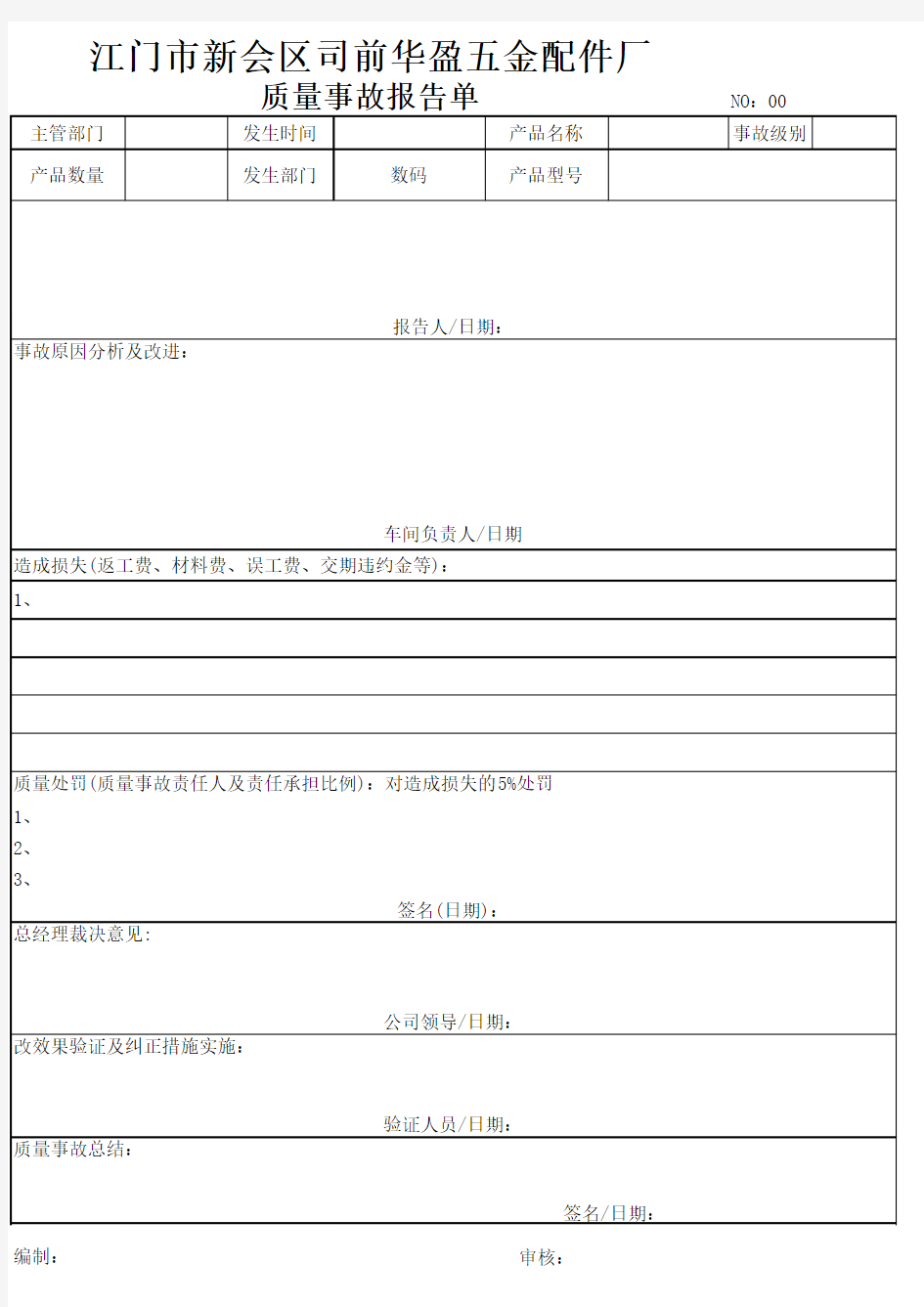 产品质量事故报告单