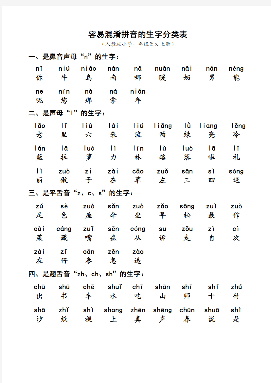 人教版一年级语文上册容易混淆拼音的生字分类