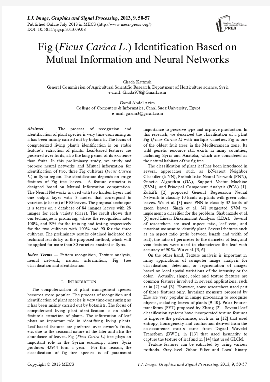 基于互信息和神经网络识别图(无花果L.)(IJIGSP-V5-N9-8)