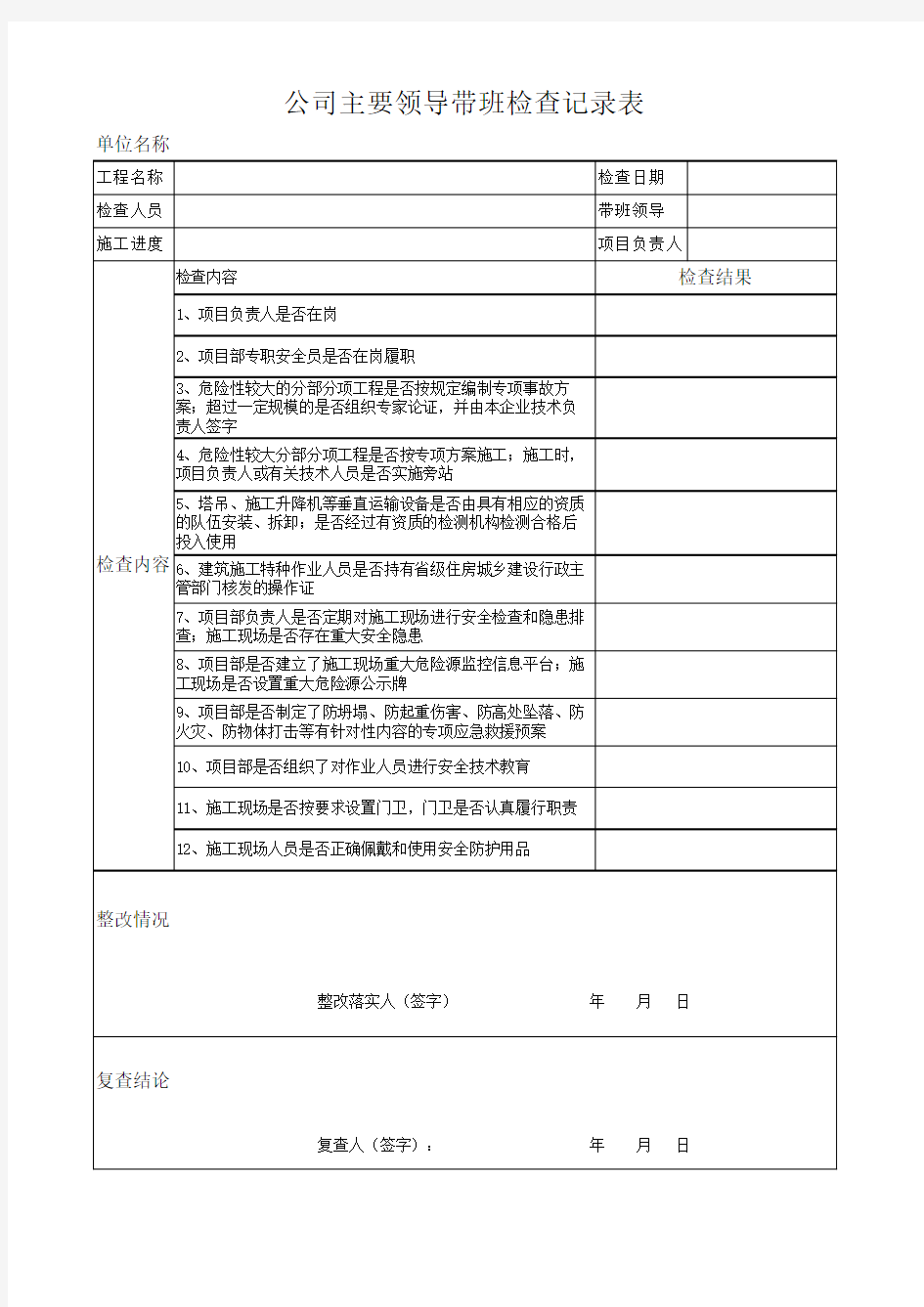 公司领导带班检查记录表