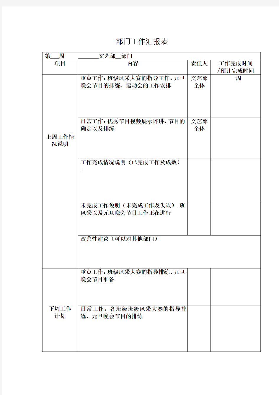 部门工作计划汇总表